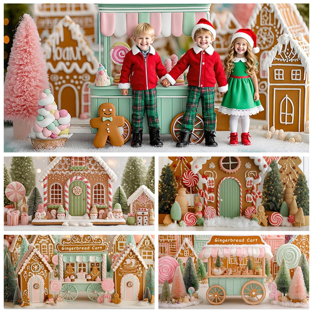 

Christmas Candy Cane Cart Background Photography Gingerbread Snowy Xmas Tree Green Backdrop Winter Kids Photo Studio