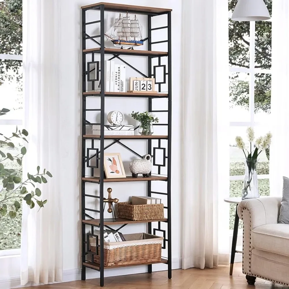 

Rustic Brown Room Decor 7-Tier Tall Bookshelf Metal Bookcase and Bookshelves Home Decorations Wall Shelf Decoration Items Garden