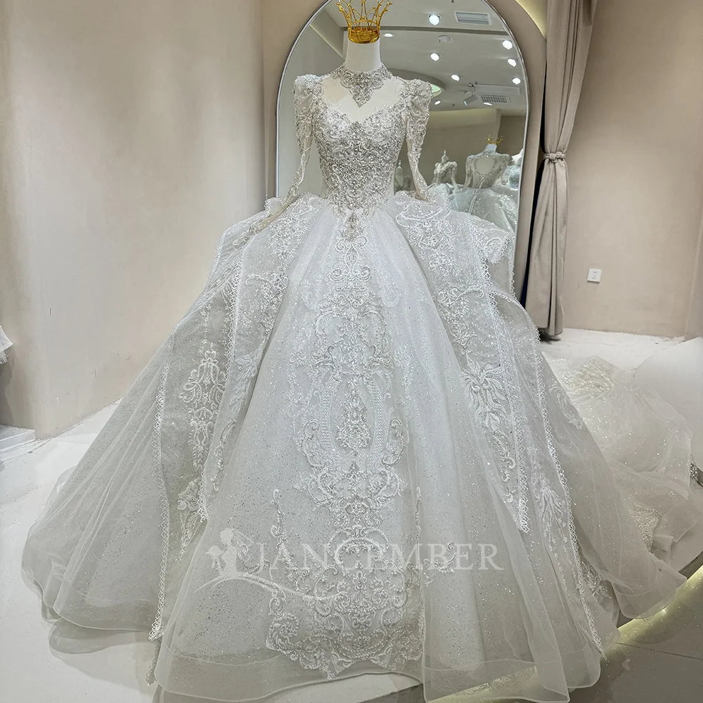 

Long Sleeves Customized Ball Gown Lace Wedding Dresses Floor Length Sequins Beaded Bridal Gowns with Chapel Train robe de mariée