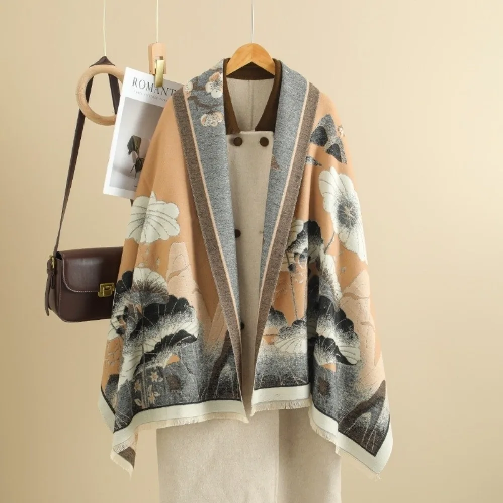 

Chinese Style Imitation Cashmere Scarf Double-sided Windproof Pashmina Blanket Warm Ink Painting Theme Poncho Scarves