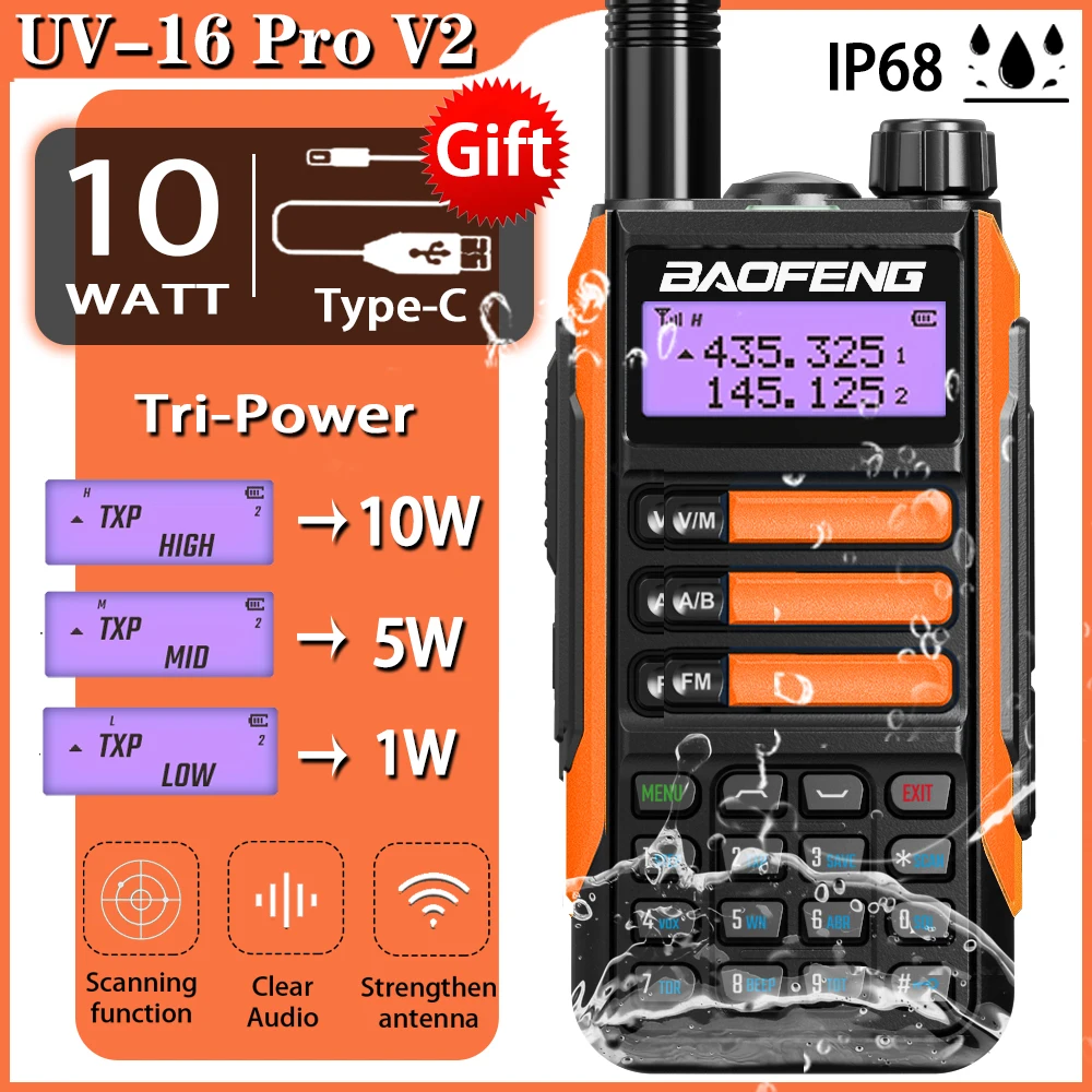 2022 Baofeng UV-16 pro V2 Walkie Talkie IP68 Waterproof UV16 Powerful Ham CB Radio Station Dual Band Transceiver 50KM Intercom