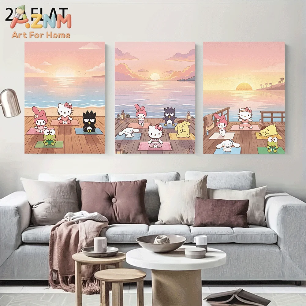 AZNM Sanrio Hello Kitty Friends Beach Yoga Canvas Wall Art Unframed Cute Cartoon Sunset Seaside Wooden Deck Painting Kids Room H