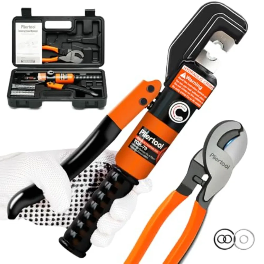 

10 Ton Hydraulic Battery Cable Crimper with 9 Dies - Hydraulic Crimper Tool with Dual-Blade Weir Cutter and Spring-Loaded Handl