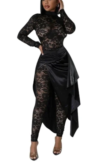 

Sexy 2 Piece Sets Women Lace See Through Slim Long Sleeve Jumpsuit and Asymmetry Maxi Skirts Matching Set Nightclub Outfits