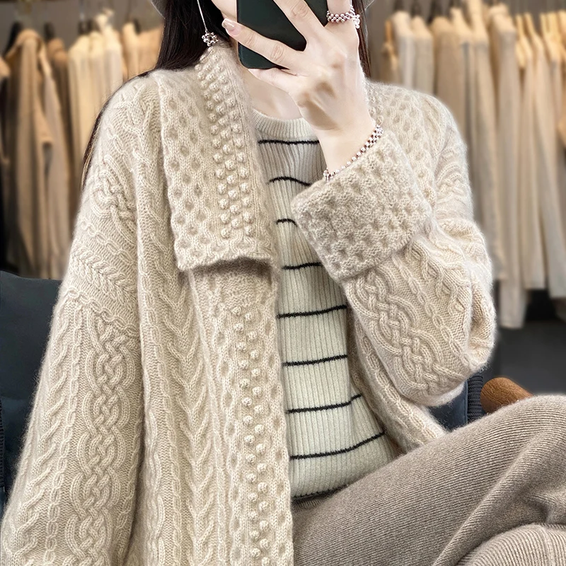 

Fashion 100% Merino Wool Mid-Length Turn-down Collar Jacquard Cardigan Solid Color Cashmere Long Sleeves Warm Clothing Top