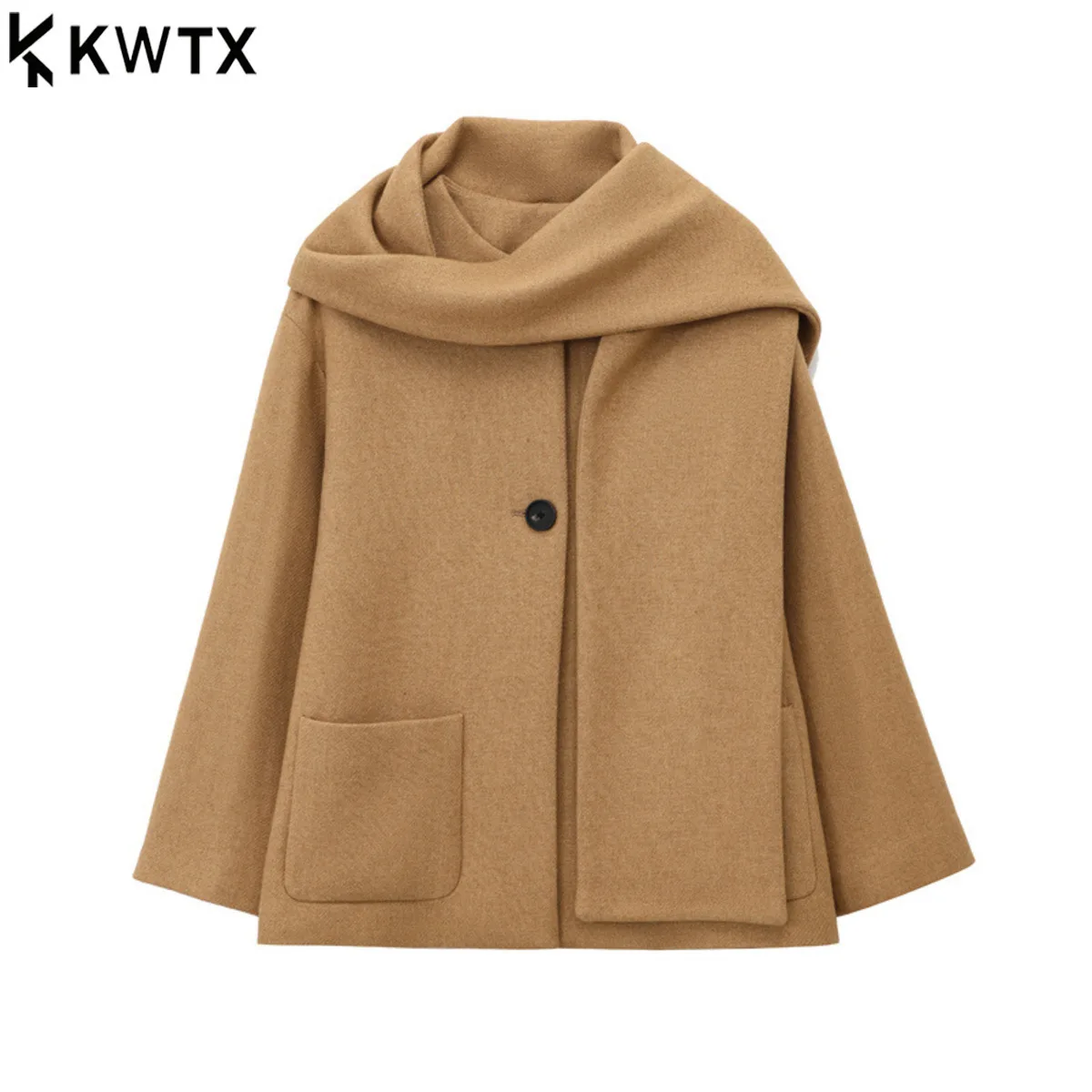 

KWTX 2025 осень-зима женское однобортное однотонное пальто с воротником-шарфом куртка с карманом повседневная винтажная новая элегантная премиум-класса