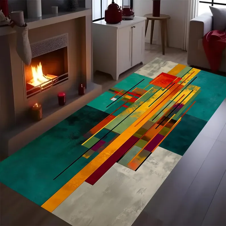 Mid Century Modern Runner Rug Abstract Lines Circles Design Century Hallway Carpet Non-Slip Runner Rug Town Hallway Carpets