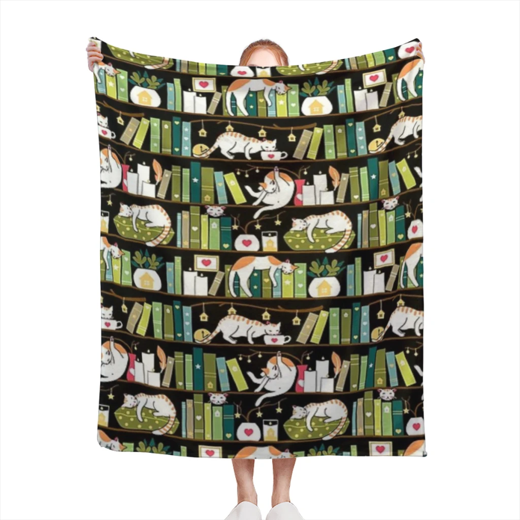 

Library cats - whimsical cats on the book shelves Blanket Sofa Bedroom Bed Home Office Nap Blanket Car Travel Picnic Blankets