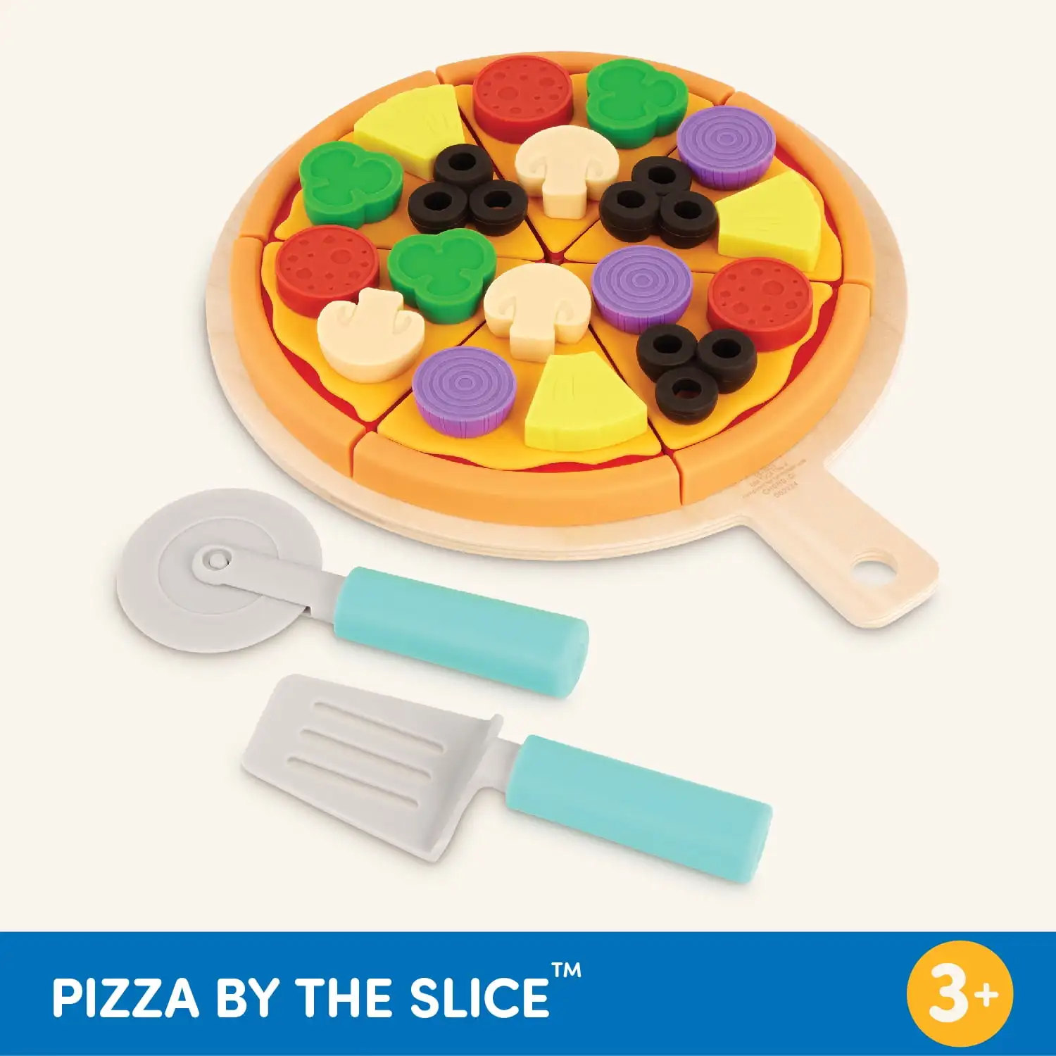 Pizza by The Slice Set plastique 7 garnitures multicolores et planche en bois, jouets pour tout-petits et préscolaires