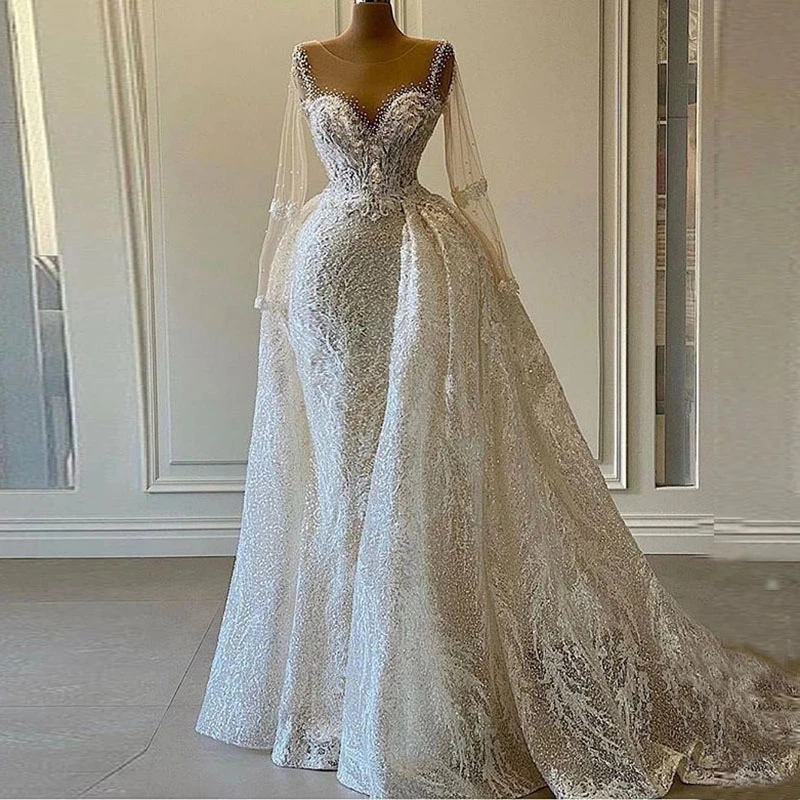 Abiti da sposa di lusso con paillettes scintillanti per Womem 2022 cristalli di sirena maniche lunghe con abiti da sposa africani con treno staccabile