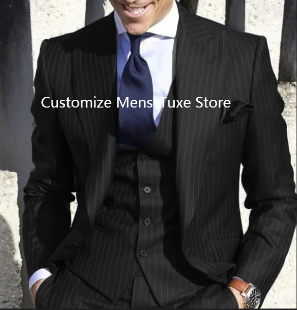 2024 Men Suits Stripe Blazer Wedding Male Groom Tuxedos Suit with Pants 3 Pieces (Jacket+Pants+Vest) Costume Homme