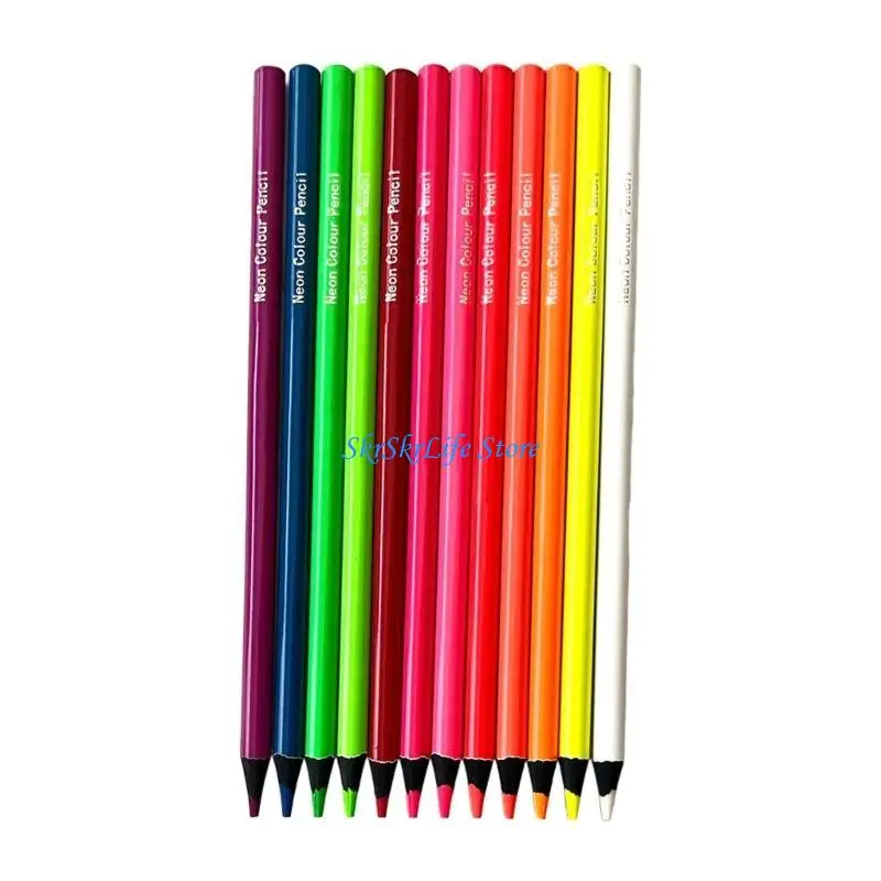 e65e-12-色の蛍光色描画鉛筆プロ用、木製着色鉛筆子供学生塗り絵
