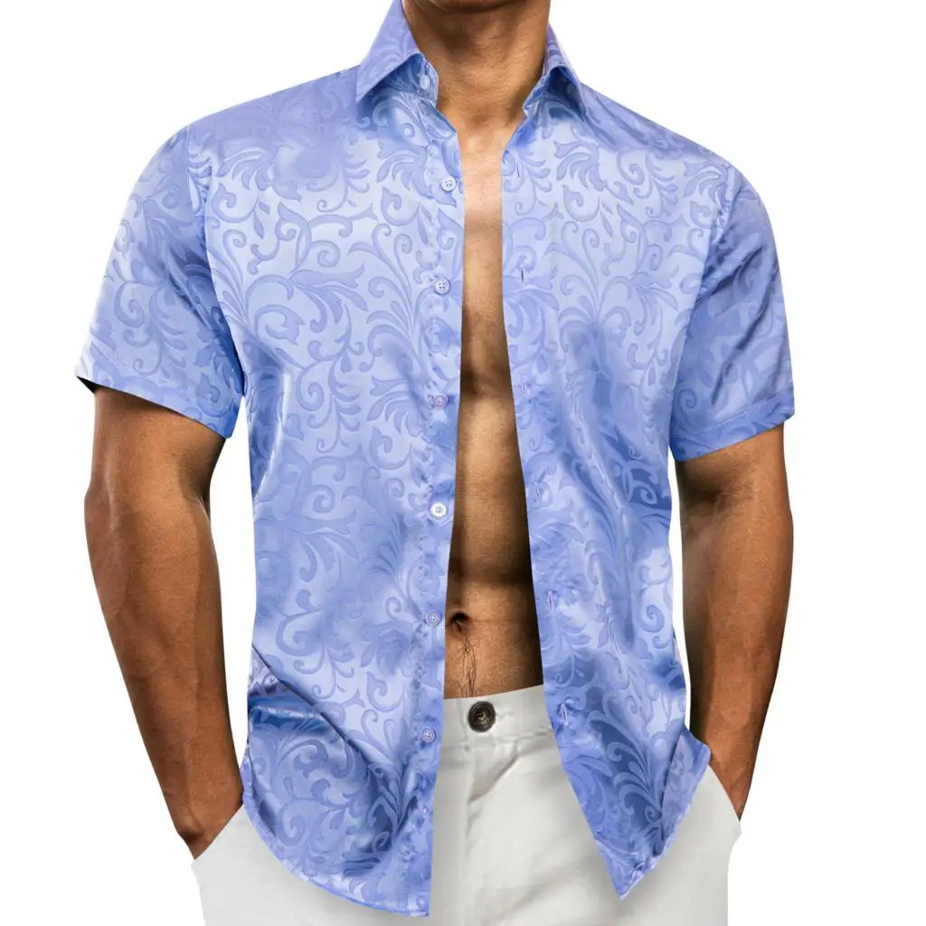 Barry Wang Short Sleeve Shirts for Men Silk Blue Red Gold Black Green Pink Paisley Flower Slim Fit Casual Male Tops Blouess