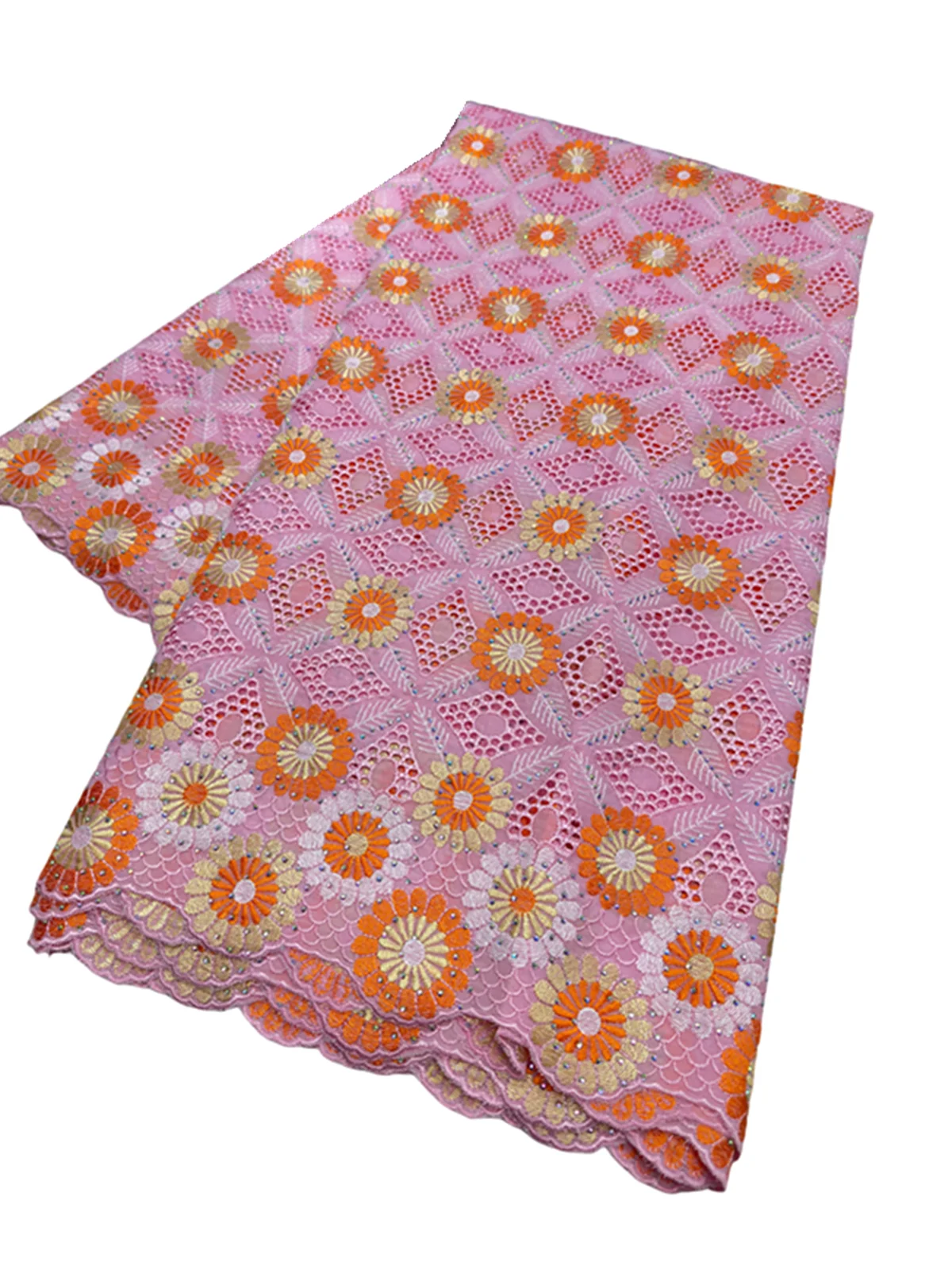 

New Arrival 5 Yards African Lace Fabric With Stones High Quality Swiss Voile 100% Cotton Lace for Sewing Women DIY Dress 23A05