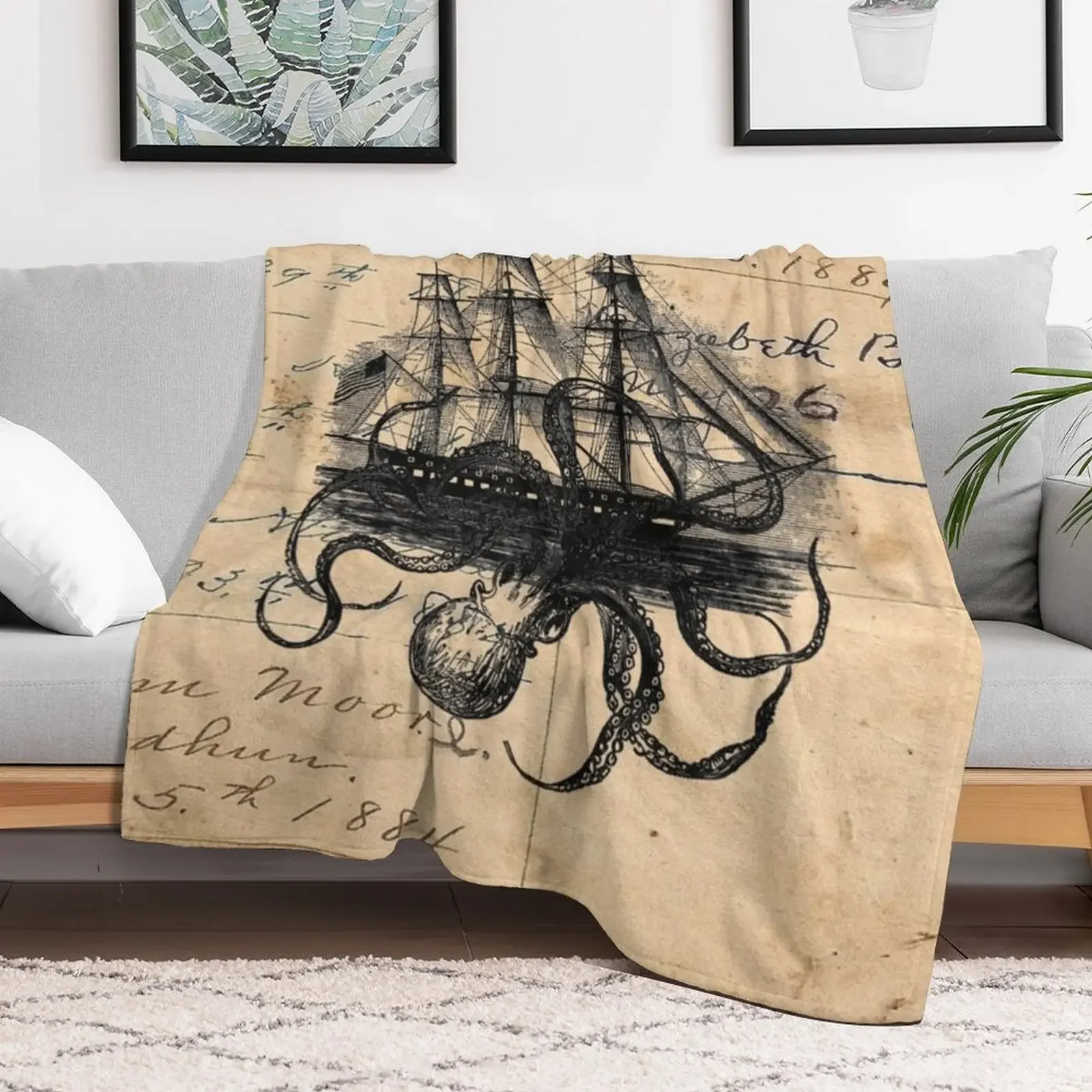 Kraken Attacking Ship on Ledger DesignKAS947 Throw Blanket For Decorative Sofa wednesday Blankets