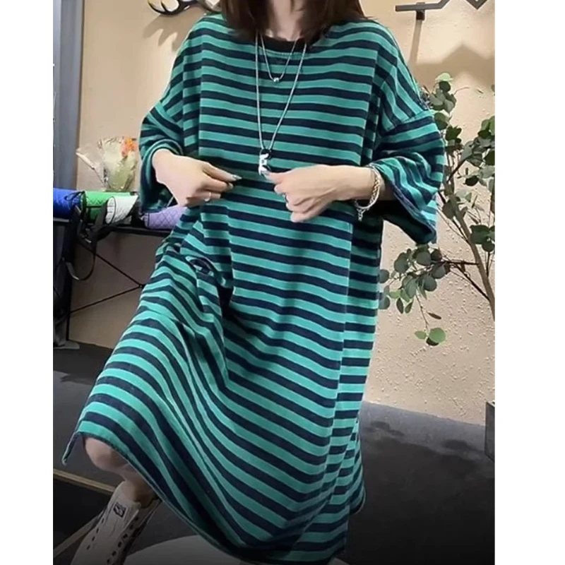 Plus Size Contrast Striped Vintage T Shirt Dress New Summer Short Sleeve Loose High Street Dresses Fashion Casual Women Clothing