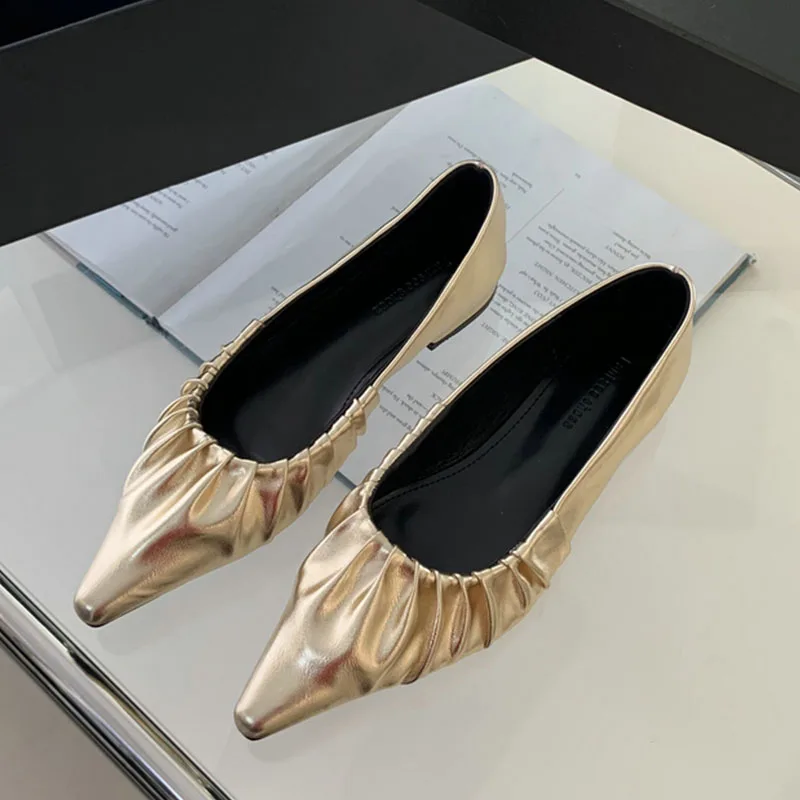 

2024 Spring New Women Gold Flat Shoes Fashion SliverPleated Pointed Toe Ladies Ballerinas Shoes Flat Heel Shallow Slip On Ballet