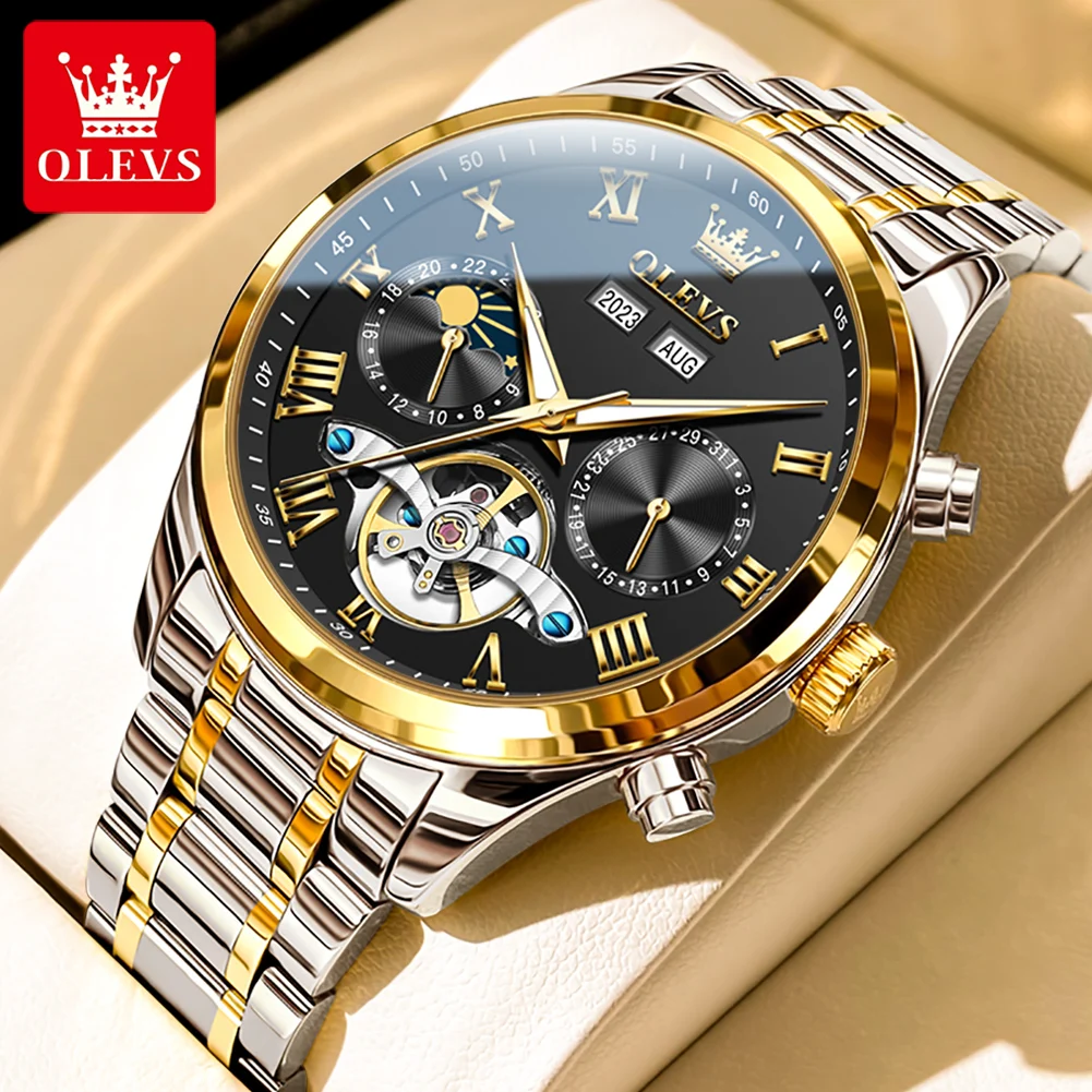 

OLEVS 7005 Automatic Mechanical Movement Watch For Men Flywheel Moon Phase Date Dial Steel Strap 30m Waterproof Luminous Watch