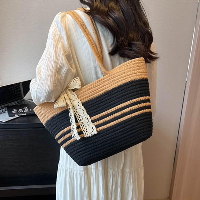 New Cotton Thread Tote Handmade Woven Crochet Handbag Women Summer Casual Large Capacity Beach Basket Travel Straw Braided Bag