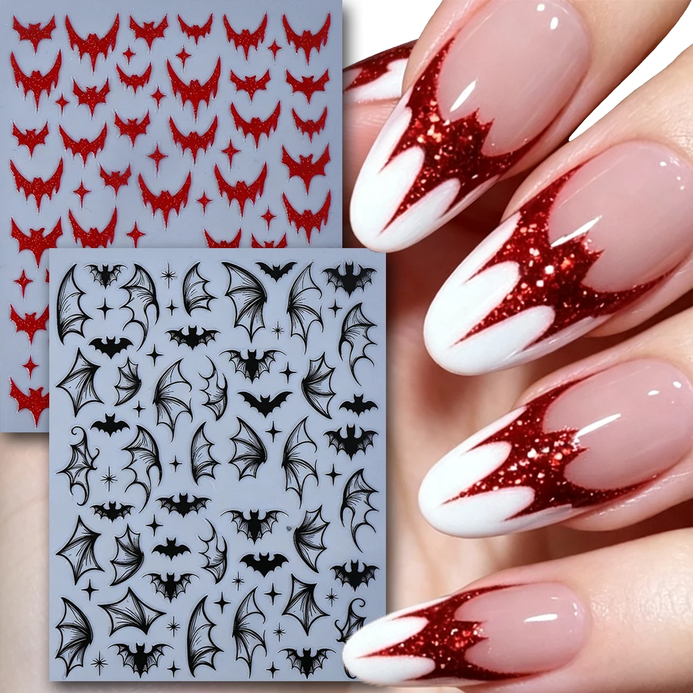 2Pcs Halloween Bat Nail Stickers Set Red Glitter&Black Bat Wing Star Design Nail Decals DIY Self‑Adhesive Halloween Manicure ﻿
