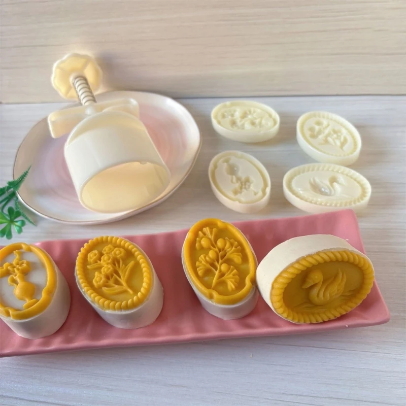 Moon Cake Molds Press Set with 4 Interchangeable Pattern Stamps, Manual Spring Cookie Pastry Cutter for Home Baking, Mung 37JD