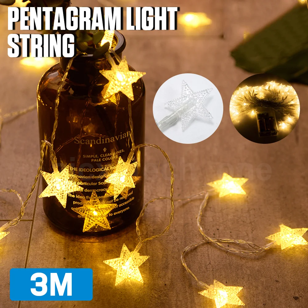 Luzes LED String com Pentagram Light Strip, Decoração de Natal, Festa de Casamento, Feriado Atmosfera, 3m