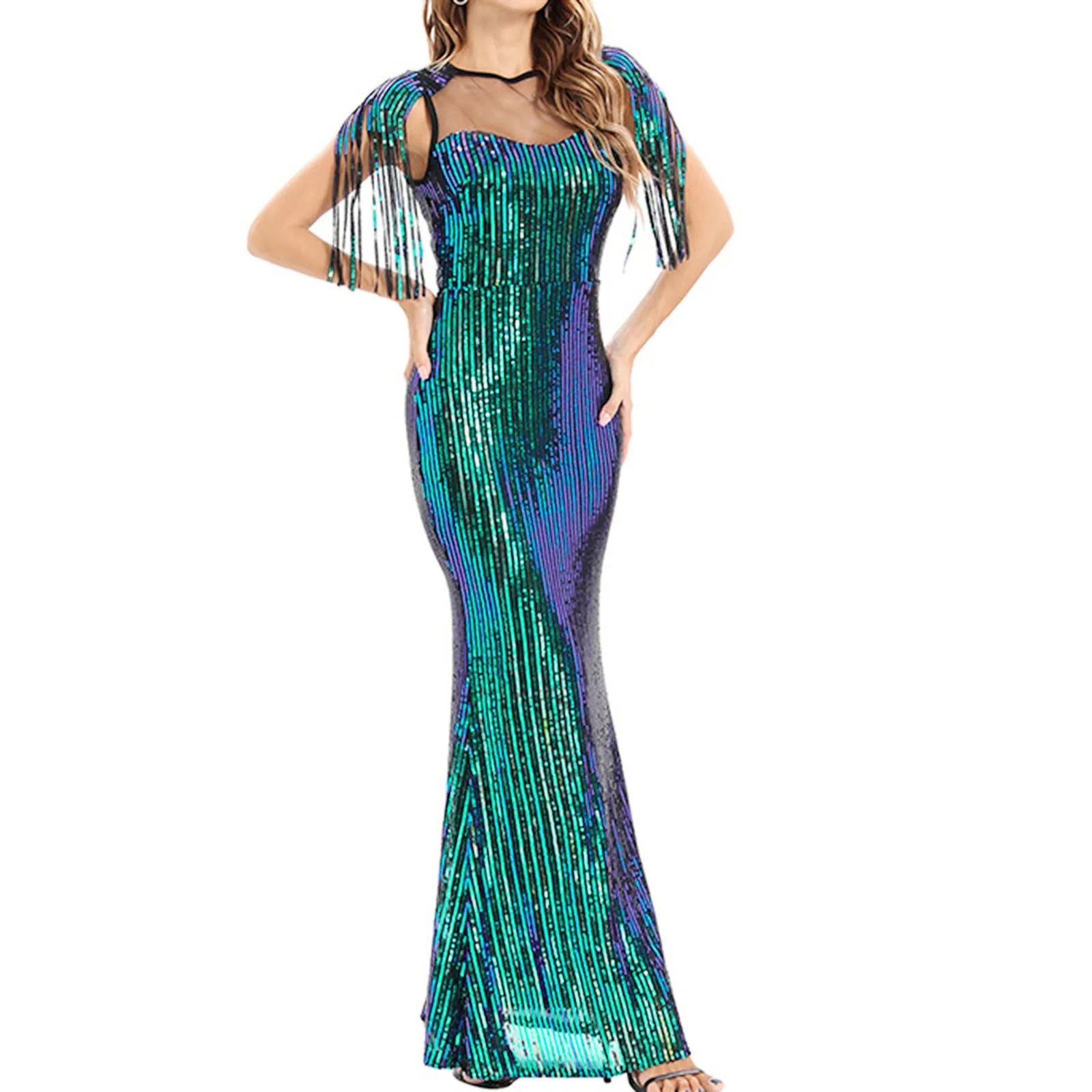 Vestido de otoño para mujer, Color sólido, malla, purpurina, lentejuelas brillantes, sirena, largo hasta el suelo, vestido de cóctel, vestido de fiesta de noche, плаajtя ж onderе