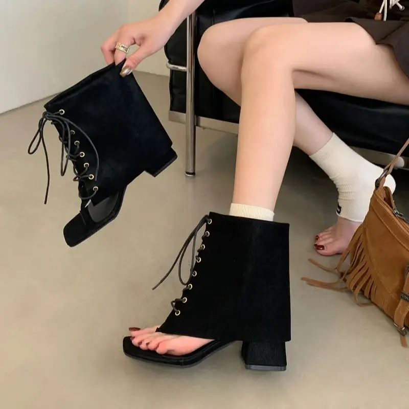 

Black High Heels Summer Boots Woman Thong Chunky Heels Shoes Punk Lace Up Trouser Ankle Boots Ladies High-Top Shoes