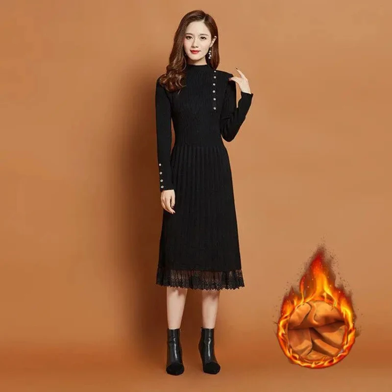 Winter Warm Knitwear Midi Vestido Thicken Half Turtleneck Knitted Dress Slim Lace Sweater Dresses Elegant Casual Women Robe