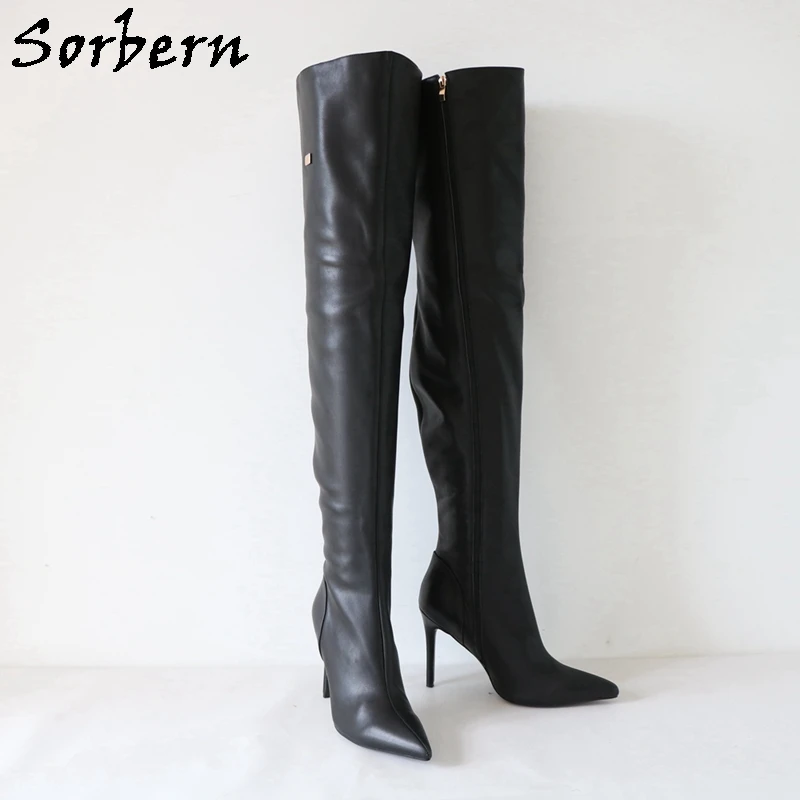 Sorbern أسود ماتي أحذية النساء فوق الركبة الفخذ عالية أحذية نسائية أشار تو الخناجر عالية الكعب لون مخصص