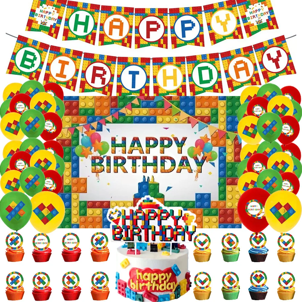 Juguetes de bloques de construcción para niños, decoración de fiesta temática, juego de globos digitales, adorno de pastel, telón de fondo para fiesta de feliz cumpleaños, suministros