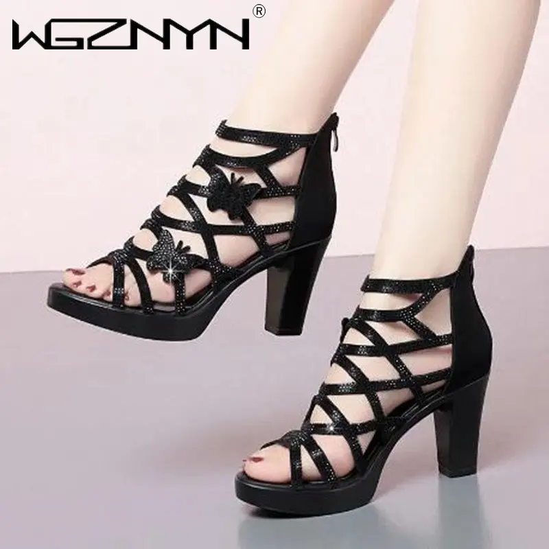 Woman Sandals Women Cyrstal Comfortable Pumps Ladies Fashion High Heels Female Rome Bling Hollow Out Shoes Women\'s Zip Footwear