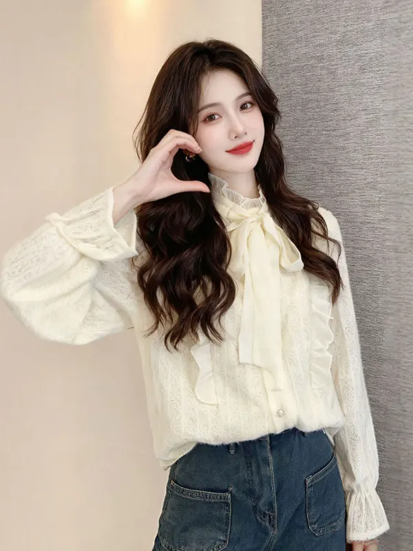 

Ele Long Sve irt Women's Korean Sle Knot Stand Collar Winter Design Sensation Small ence irt