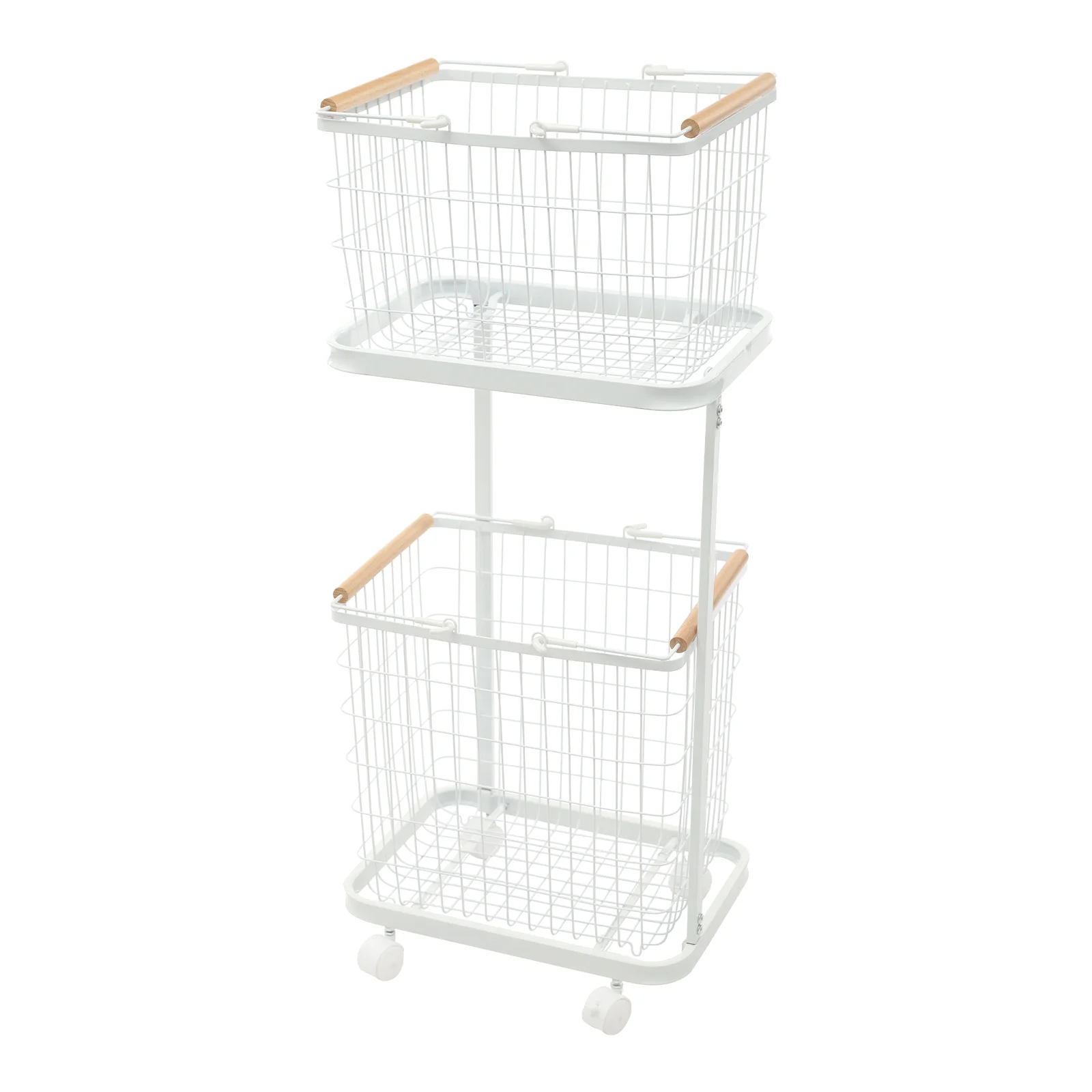 

2 Tiers Rolling Laundry Basket with Wood Handles and Wheels ,Removable Basket Floor Laundry Hampers for Laundry Bathroom Bedroom