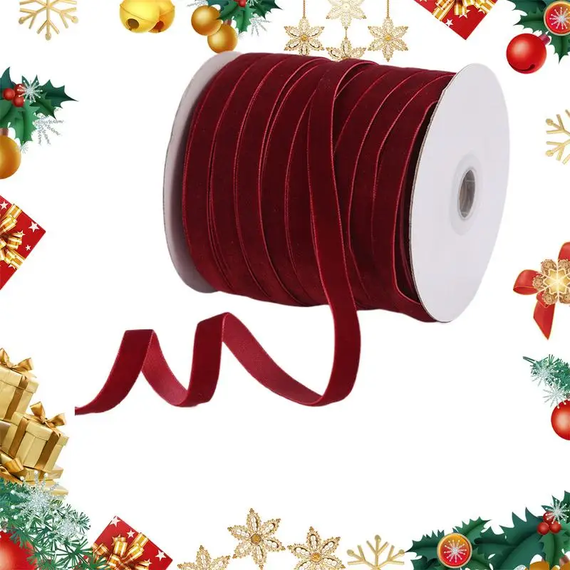 Christmas Velvet Ribbon 50 Yards Package Ribbon With Spool 3/8 Inch Wide Nylon Ribbon For Christmas Tree Flower Bouquet Wreath