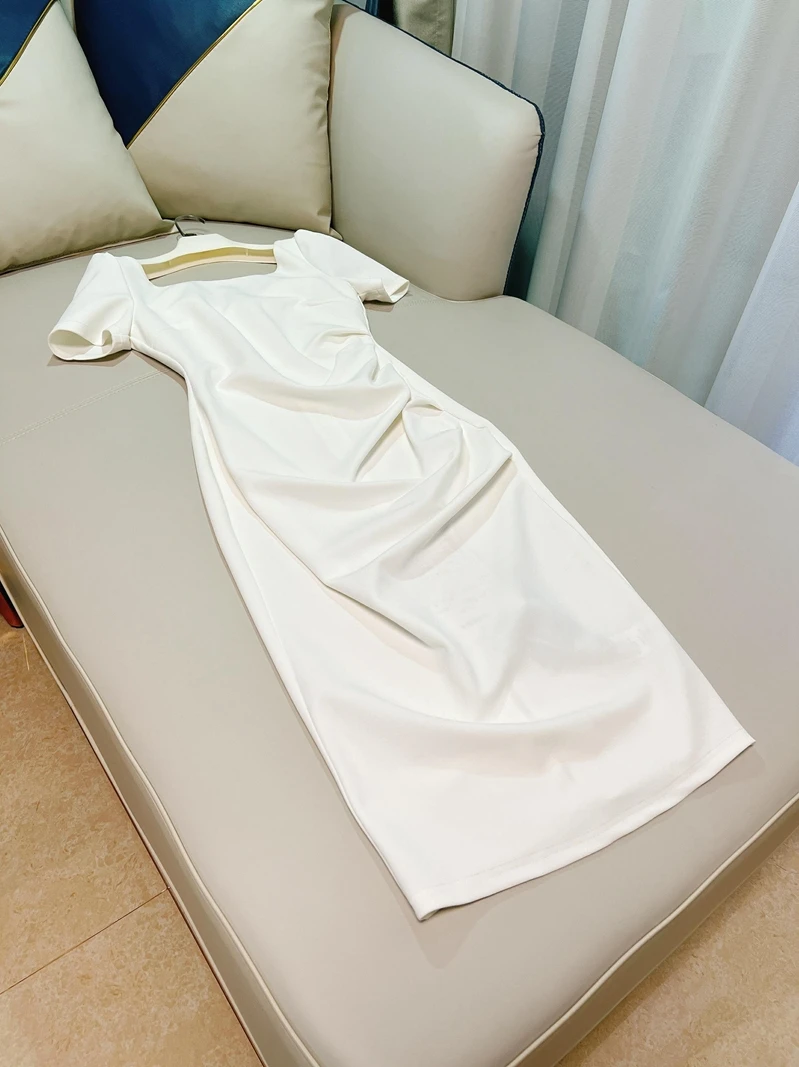 

Retro Ele White Wrap Waist Pleated Dr Faionable Commute High Waist Polyester Fiber ort Sve round Ne H-...