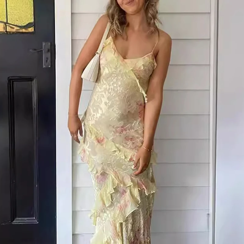 New Sexy V Neck Colorful Ruffle Sling Dress Women Spring Backless Boho Long Dress Summer Sleeveless Beach Holiday Dress Vestidos