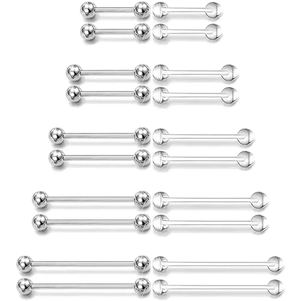 10Pairs Tongue Rings Stainless Steel Straight Barbells Piercing Jewelry Bridge Piercings For Women Men 12-20mm Body Jewelry