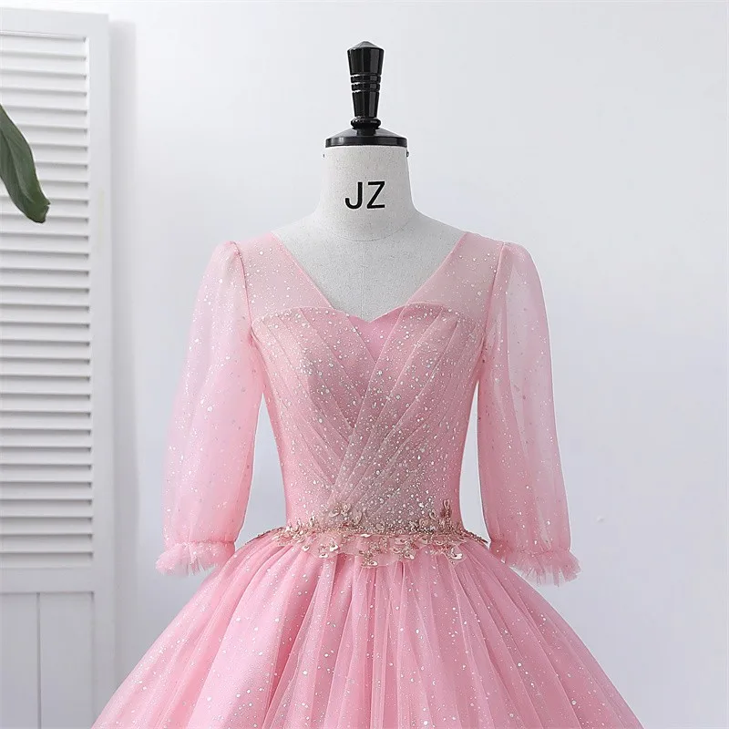 Ashley Gloria abiti Quinceanera manica lunga Bling Bling abito da festa con paillettes abito da ballo con scollo a v rosa dolce personalizza 2023 nuovo