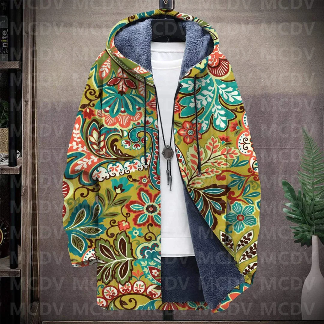 

Men's Retro Print Plush Thick Long-Sleeved Coat Cardigan Flower 3D Prined Fleece Hooded Overcoat Unisex Thick Warm Jacket