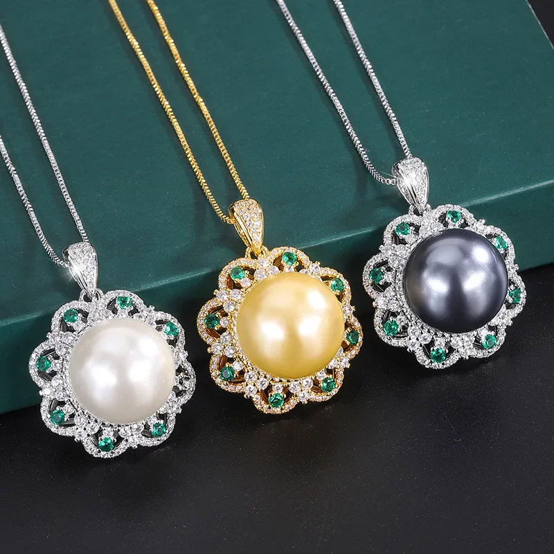 NEWJewelry Copper Bottom Gold Plated Inlaid with Aubergia Pearl Retro Fashion Diamond Pendant Necklace 16mm