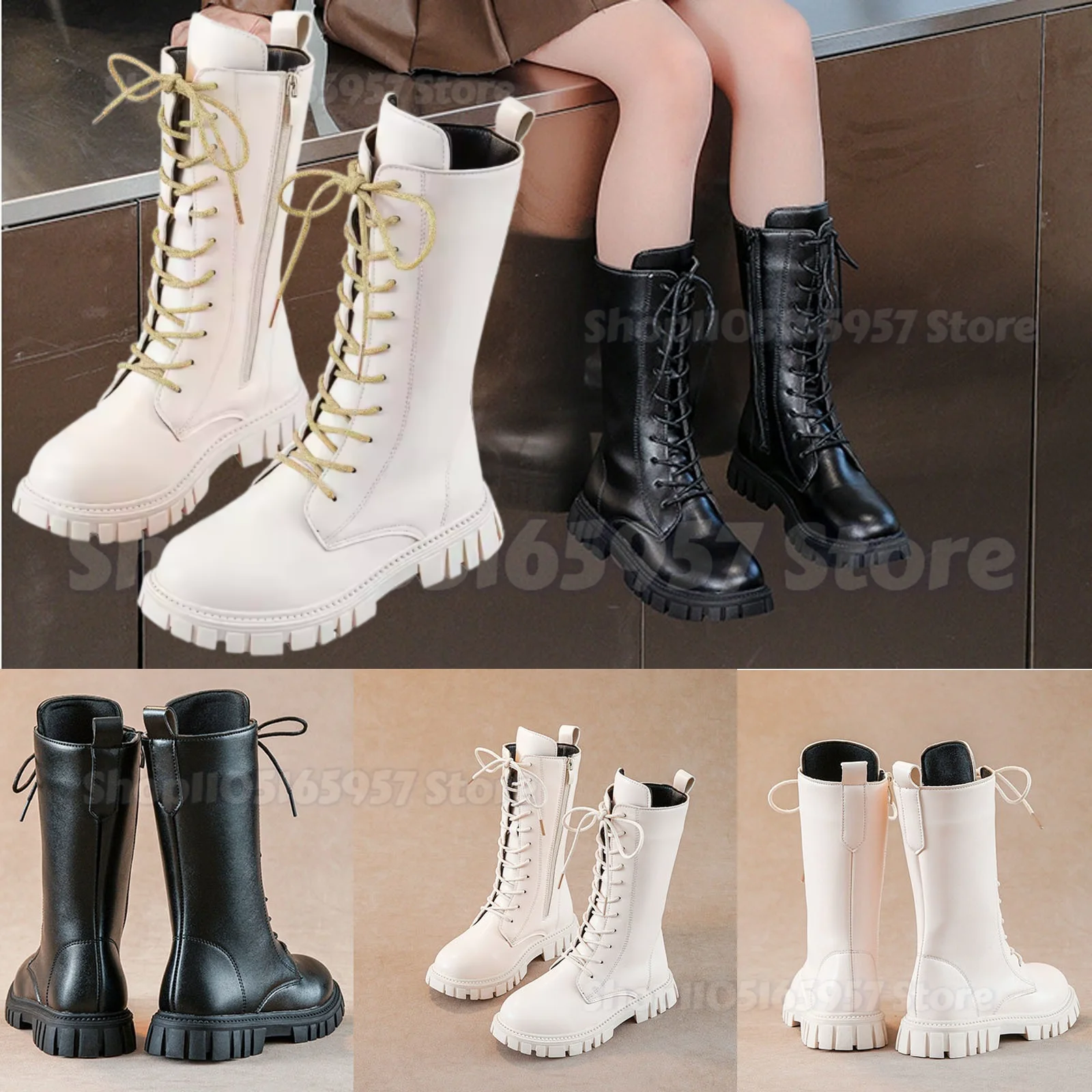 

Girls White Lace-Up Boots Booties Side Zipper Soft Bottom Leather Dress/School Riding Boot Kids Autumn/Winter Fashion Mid Boots