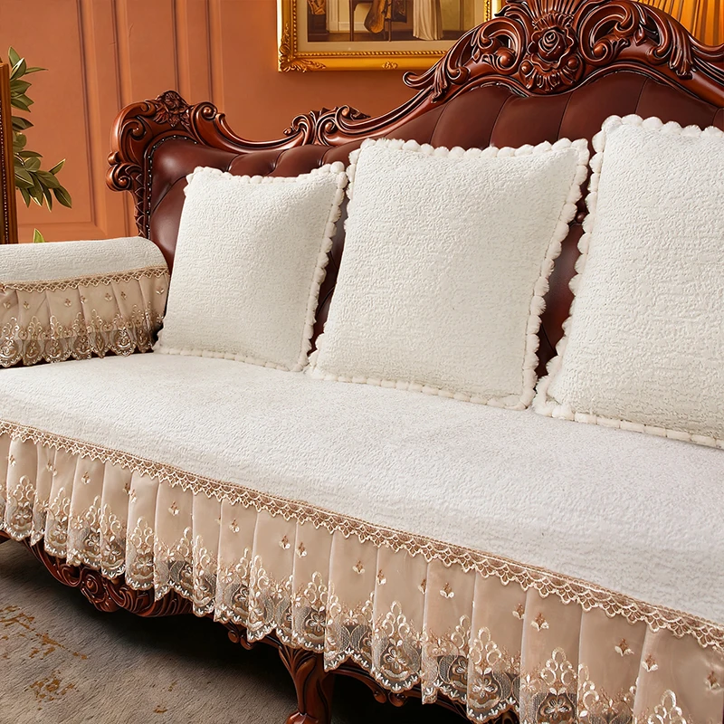 Winter Soft Sofa Cushion Luxury European Style Embroidery Lace Sofa Seat Cover Home Decoration Anti-slip Armchairs Seat Cover
