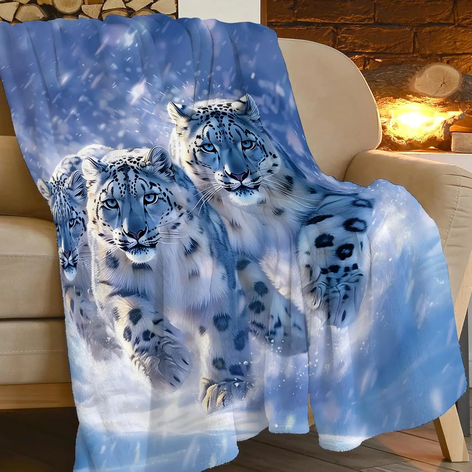 Snow Leopard Blanket with Three Wild Cats in Snowstorm Design for Cozy Living Room Decor AnimalPrintThrow Gift for Nature Lover