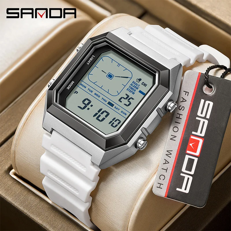 SANDA New 6307Multi functional Electronic Watch Men's 5ATM Waterproof, Shockproof, and Fall proof Fashionable Square Youth Watch