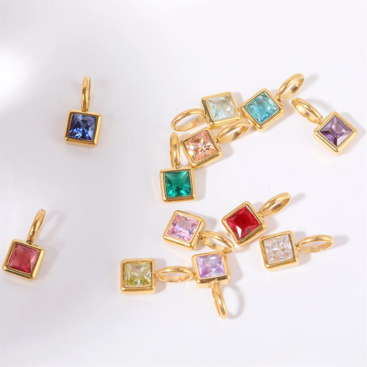 Colorful 12 Birthstone Pendant DIY Accessory Necklace Women's Square Colorful Zircon Pendant Clavicle