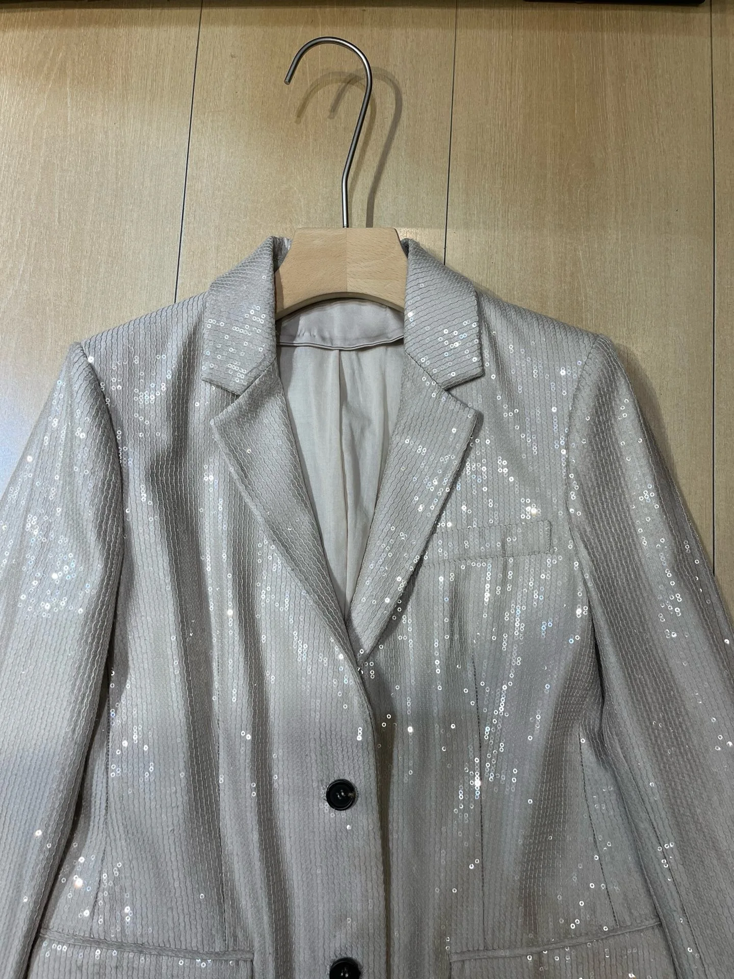 Glam Silver Sequin Suit Blazer for Women, Classic Lapel Two Button Loose Fit Evening Party Outerwear