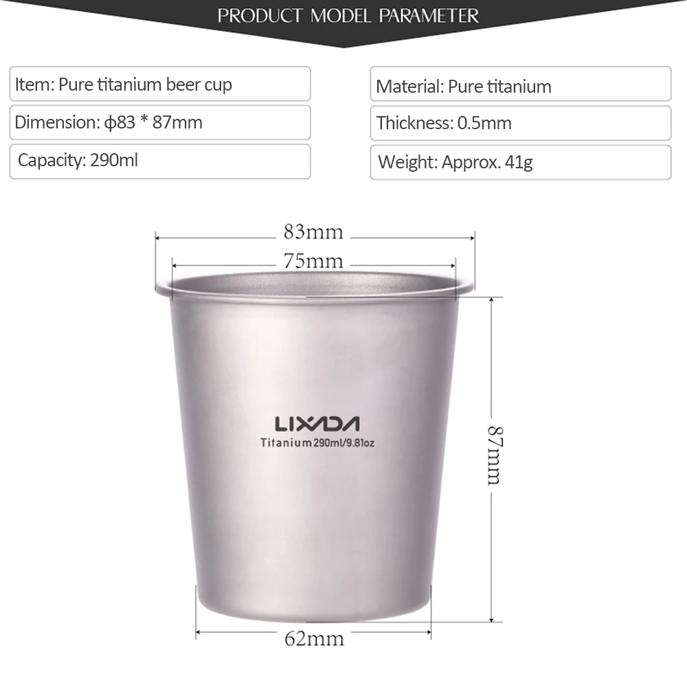 Lixada 290ml Lightweight Titanium Beer Cup Juice Tea Cup for Outdoor Camping Hiking Backpacking Picnic camping titanium beer cup