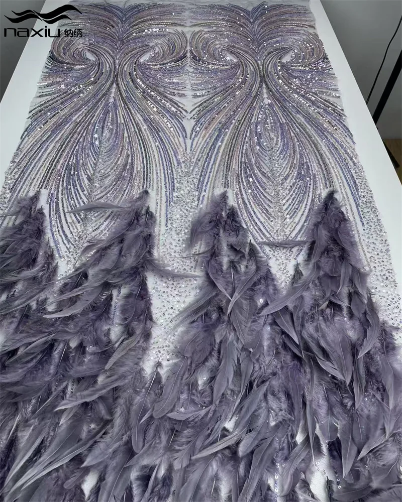 

Madison 3D Feather Luxury Lace Fabric 2026 France Nigeria Beaded Sequins Lace Fabric For Bridal Dress Wedding Party Material