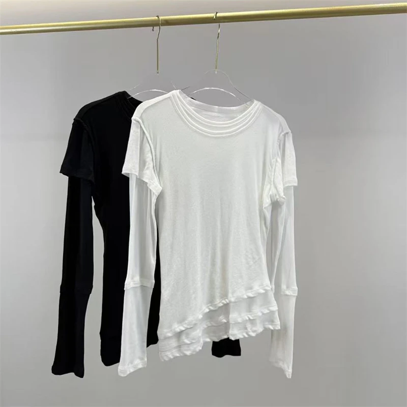 Summer 2026 Women's round Neck Splice Elastic Slim Fit Cotton Linen Long Sleeve T-Shirt Y2K Fashion Sport Casual Base Top